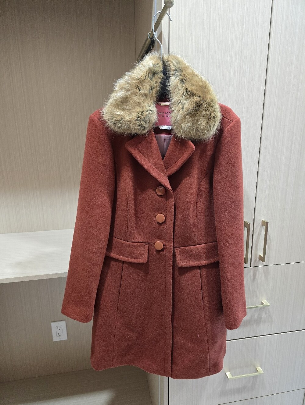 Kate Spade Burnt Orange Wool Pea Coat with Faux Fur Collar